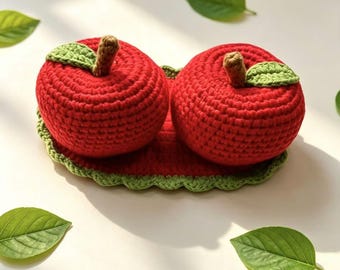 Conjunto de decoración de manzanas de ganchillo hechas a mano, hilo de algodón con leche, adorno de estante estilo cottagecore