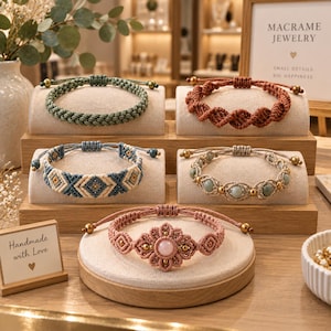 Pode incluir: Cinco pulseiras de macramé expostas em suportes bege. Uma é verde sálvia, uma é terracota, uma apresenta um padrão de losangos azul e branco, uma tem contas verde-claras e uma é rosa seco com uma pedra redonda central e detalhes dourados.