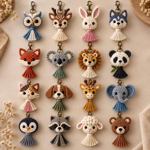 May include: A collection of sixteen macrame animal keychains featuring an owl, deer, rabbit, husky, fox, koala, lion, panda, cat, dog, giraffe, elephant, penguin, raccoon, sheep, and bear, each with a metal lobster clasp and a cotton tassel.