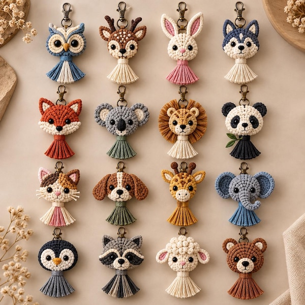 Macrame Animal Keychain Pattern Bundle, 16 Animal Bag Charm PDF, No Sew Macrame Tutorial, Crochet Lover Gift, Digital Download