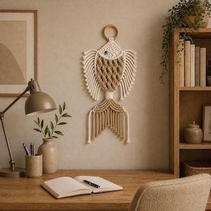 Könnte beinhalten: Ein Makramee-Wandbehang in Form eines Fisches. Der Fisch hat ein beige-cremefarbenes Farbschema mit einem Holzring zum Aufhängen. Der Fisch hat einen strukturierten Körper und gefranste Kanten, was der Dekoration einen Bohemian-Touch verleiht.