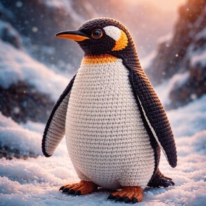 Peut inclure: Un pingouin crochet&eacute; se dresse dans la neige. Le pingouin a une t&ecirc;te noire avec des d&eacute;tails blancs et jaunes, un corps blanc et des ailes noires. Ses pieds et son bec sont orange. Le fond montre un paysage montagneux enneig&eacute;.
