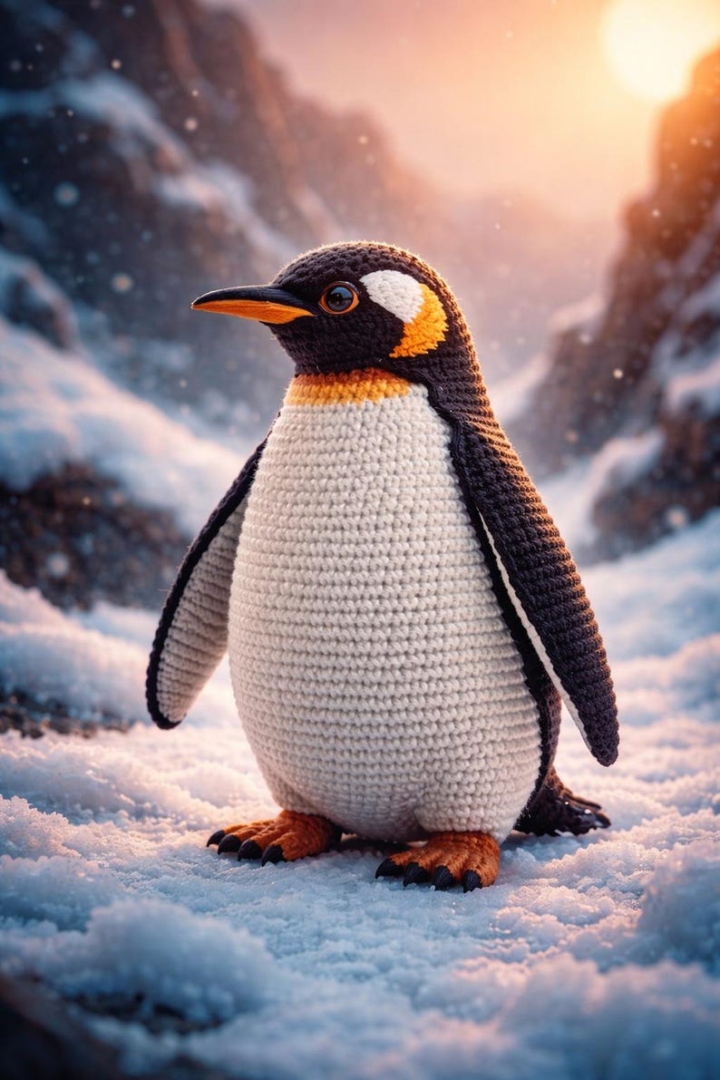 Peut inclure: Un pingouin crochet&eacute; se dresse dans la neige. Le pingouin a une t&ecirc;te noire avec des d&eacute;tails blancs et jaunes, un corps blanc et des ailes noires. Ses pieds et son bec sont orange. Le fond montre un paysage montagneux enneig&eacute;.