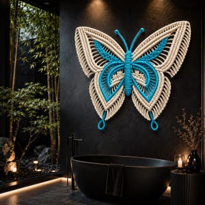 Könnte beinhalten: Ein großes Wandbehang-Objekt in Schmetterlingsform, gefertigt aus Makramee-Kordel in Creme und leuchtendem Blau. Das Design zeigt komplexe Knotenmuster, symmetrische Flügel mit gefransten Rändern und zwei Fühler mit kleinen blauen Kugeln an den Enden.