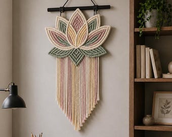 Suspension murale Lotus en macramé, motif PDF, décoration murale florale bohème, tutoriel d'art fibre DIY, décoration d'intérieur minimaliste moderne