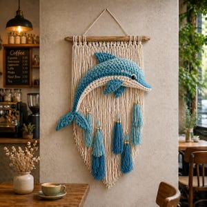 May include: A handcrafted wall hanging featuring a blue and white crocheted dolphin. The dolphin is mounted on a macrame backdrop with blue tassels and wooden beads. The wall decor is suspended from a wooden dowel.