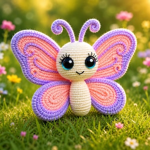 Könnte beinhalten: Ein gehäkelter Schmetterling mit großen, ausdrucksstarken Augen und einem lächelnden Mund sitzt in einem Feld aus grünem Gras und bunten Blumen. Der Schmetterling hat rosa und lila Flügel, einen cremefarbenen Körper und Fühler.