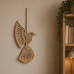 May include: A beige macrame bird wall hanging with outstretched wings. The bird is suspended from a long cord, and its body and wings are intricately knotted. The background is a neutral wall, and a wooden shelf with books and a lamp is visible.