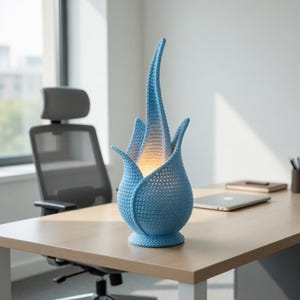 Puede incluir: Una lámpara de ganchillo azul claro con forma de tulipán, con una luz cálida que emana del interior. La lámpara está sobre un escritorio de madera en un entorno de oficina. La lámpara mide aproximadamente 30 cm de alto y 15 cm de ancho.