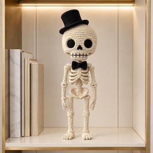 May include: A crocheted skeleton figurine in off-white yarn, featuring a black top hat and a black bow tie. The skeleton has large, round black eye sockets and stitched details for the nose and mouth, standing upright with articulated limbs.