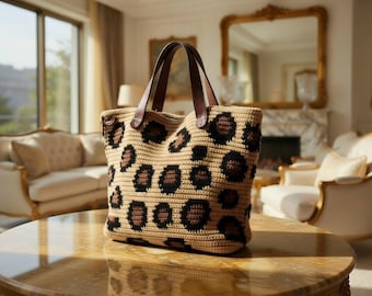 Padrão em PDF para Bolsa Tote de Crochê de Luxo com Estampa de Leopardo, Bolsa de Crochê Tapeçaria, Tutorial de Bolsa de Designer, Bolsa de Ombro Boho, Multilíngue, Presente de Crochê