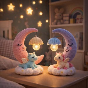 Schema PDF per lampada notturna a forma di luna all'uncinetto, lampada drago amigurumi, lampada luna crescente all'uncinetto, decorazione per la cameretta, idea regalo per la stanza dei bambini