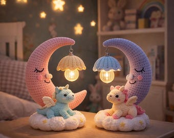 Crochet Moon Night Light Pattern PDF, Amigurumi Dragon Lamp, Crescent Moon Crochet Lamp, Nursery Decor, Kids Room Gift Idea