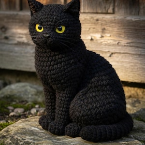 May include: A handmade black crochet cat figurine with bright yellow eyes. The cat is sitting upright on a stone, with a wooden background. The cat's fur is textured, and the ears are pointed.