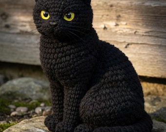 Black Cat Amigurumi | Handmade Crochet Cat Plush Toy | Cute Black Cat Doll | Home Decor Gift | Gothic Cat Stuffed Animal, Multi Language
