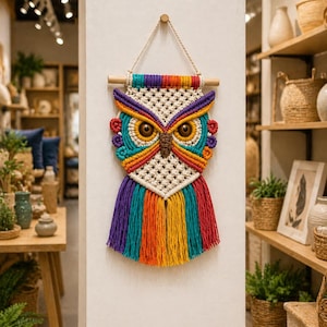 May include: A colorful macrame owl wall hanging. The owl features a cream-colored body with vibrant details in purple, teal, orange, and yellow. The owl's eyes are large and brown, and the piece is suspended from a wooden dowel with a natural fiber cord.