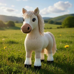 Op de afbeelding: Een handgemaakt, crèmekleurig gehaakt paard staat in een grasveld. Het paard heeft een bruine manen en staart, met zwarte hoeven en een lachend gezicht. De achtergrond toont glooiende groene heuvels en een blauwe lucht.