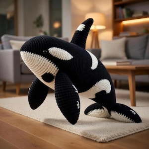 Orque Amigurumi modèle au crochet réaliste PDF, peluche orque, motif au crochet animaux marins, peluche baleine noire et blanche, multilingue