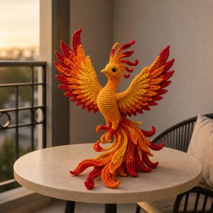 May include: A crocheted phoenix figurine featuring vibrant gradient yarn in shades of yellow, orange, and red. The mythical bird is depicted with wings fully spread, a detailed crest on its head, and a long, flowing tail with curled feather tips.