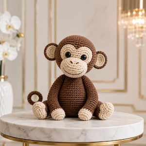 Op de afbeelding: Een gehaakte knuffelaap met een donkerbruin lichaam en een lichtbeige gezicht, oren, handen en voeten. De aap heeft grote zwarte plastic ogen, een geborduurde glimlach en een gekrulde staart, zittend in een rechtopstaande positie met textuur.
