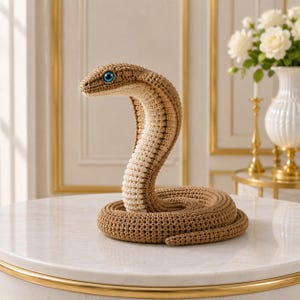 Può includere: Una statuetta di serpente all'uncinetto con un corpo avvolto in tonalità marrone chiaro e beige. Il serpente ha la testa sollevata con la parte inferiore color crema e occhi in plastica blu brillante. La trama è fatta di punti uniformi.