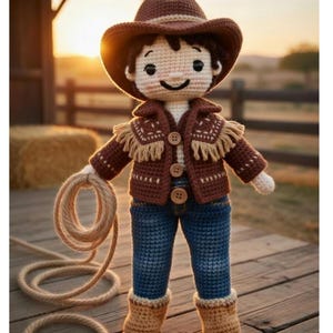 Op de afbeelding: Gehaakte cowboypop met een bruine hoed, jas met franjes, blauwe spijkerbroek en bruine laarzen. De pop houdt een touw vast en heeft een lachend gezicht. De achtergrond toont een zonsondergang en een houten hek.