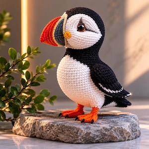 May include: A handcrafted crochet puffin toy featuring a black and white body, bright orange webbed feet, and a multi-coloured beak with red, grey, and yellow accents. The bird has a round head, a white face, and a dark, glossy eye.