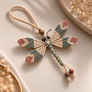 May include: A macrame dragonfly ornament crafted from beige, sage green, and dusty rose cord. The design features intricate knotting, dark wooden beads for the head and tail, and small metallic gold beads accenting the wings and body.