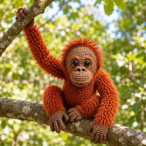 May include: A crocheted orangutan toy with vibrant orange fuzzy yarn, a light brown textured face, and large dark eyes. The stuffed animal is depicted with one arm reaching upward to grasp a tree branch while sitting on another branch.