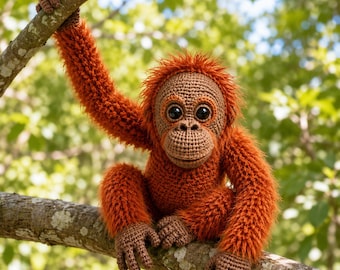 May include: A crocheted orangutan toy with vibrant orange fuzzy yarn, a light brown textured face, and large dark eyes. The stuffed animal is depicted with one arm reaching upward to grasp a tree branch while sitting on another branch.