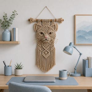 May include: A beige macrame cat wall hanging with a pink nose and detailed whiskers. The cat's face is intricately knotted, and the piece is suspended from a wooden dowel. The artwork is a decorative home accent.