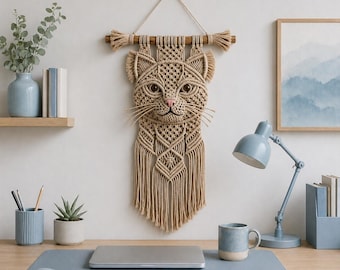 Macrame Cat Wall Hanging Pattern PDF, Boho Animal Face Decor, DIY Macrame Wall Art Tutorial, Modern Home Decor Gift, Boho Decor