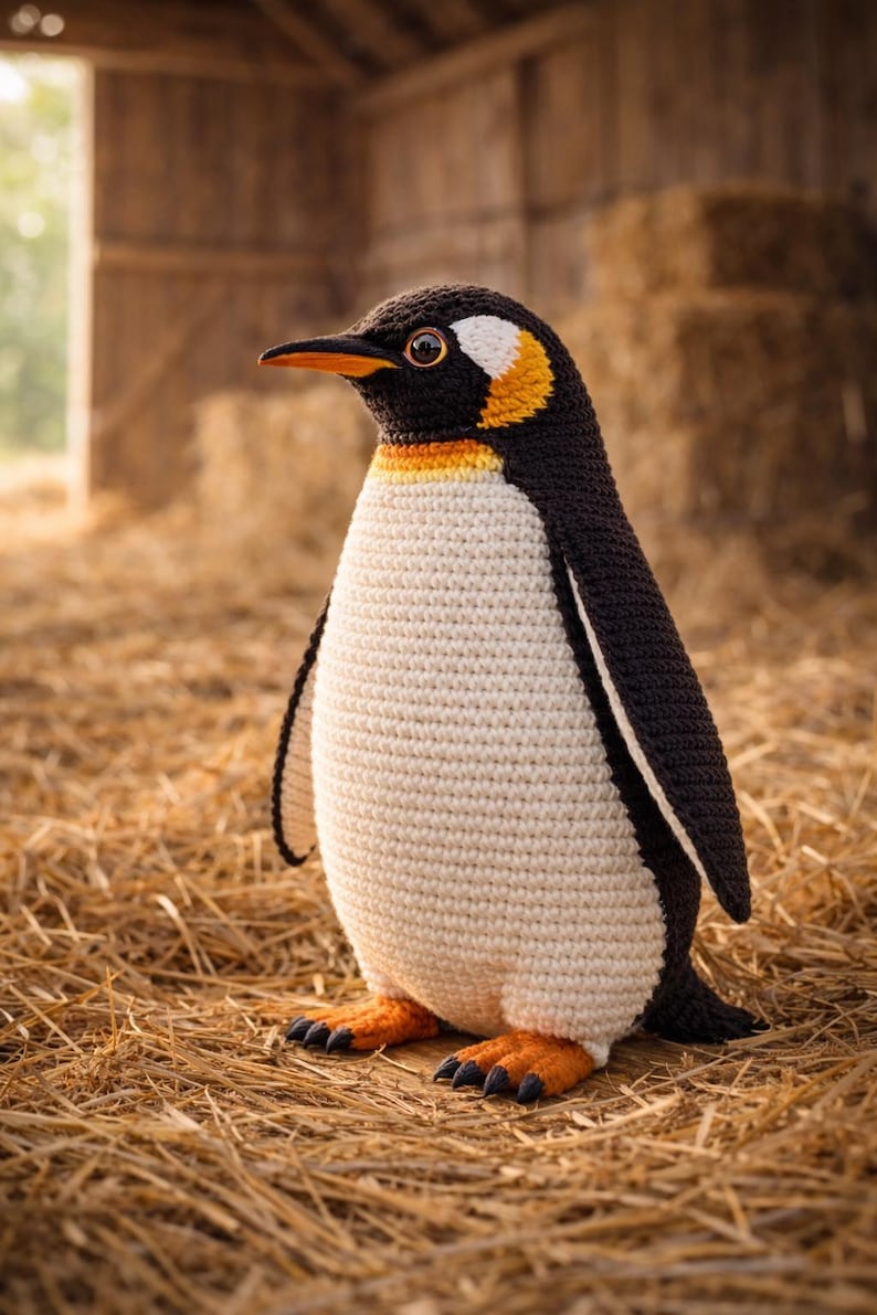 Peut inclure: Un pingouin crochet&eacute; &agrave; la t&ecirc;te, au dos et aux ailes noirs, au ventre blanc et aux pieds et au bec orange. Il se tient sur de la paille. L'arri&egrave;re-plan montre une structure en bois et des balles de foin.