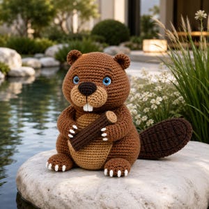 May include: A brown crocheted beaver stuffed animal with blue eyes, a tan belly, and white teeth. The beaver is holding a dark brown crocheted log in its front paws and has a large, flat, dark brown crocheted tail extending to the right side.