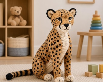 May include: A crocheted cheetah stuffed animal featuring a tan body with black spots, a white chest and muzzle, and a long tail with black and tan stripes. The cheetah has dark brown eyes, a black nose, and black-tipped ears, sitting in an upright position.