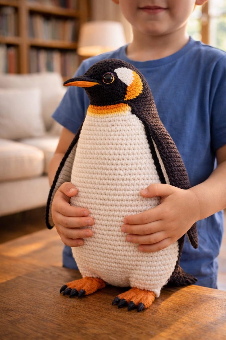 Peut inclure: Une peluche pingouin crochet&eacute;e &agrave; la main. Le pingouin a une t&ecirc;te, un dos et des ailes noirs, avec un ventre blanc. Il pr&eacute;sente des accents orange sur le cou et les pieds, et un bec noir. La peluche est tenue par une personne.