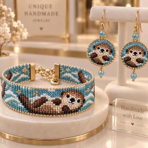 May include: A beaded bracelet and a pair of matching drop earrings featuring a brown and cream otter design on a blue background with white waves. The jewellery set includes gold-toned hardware, a paw print charm, and small blue crystal accents.
