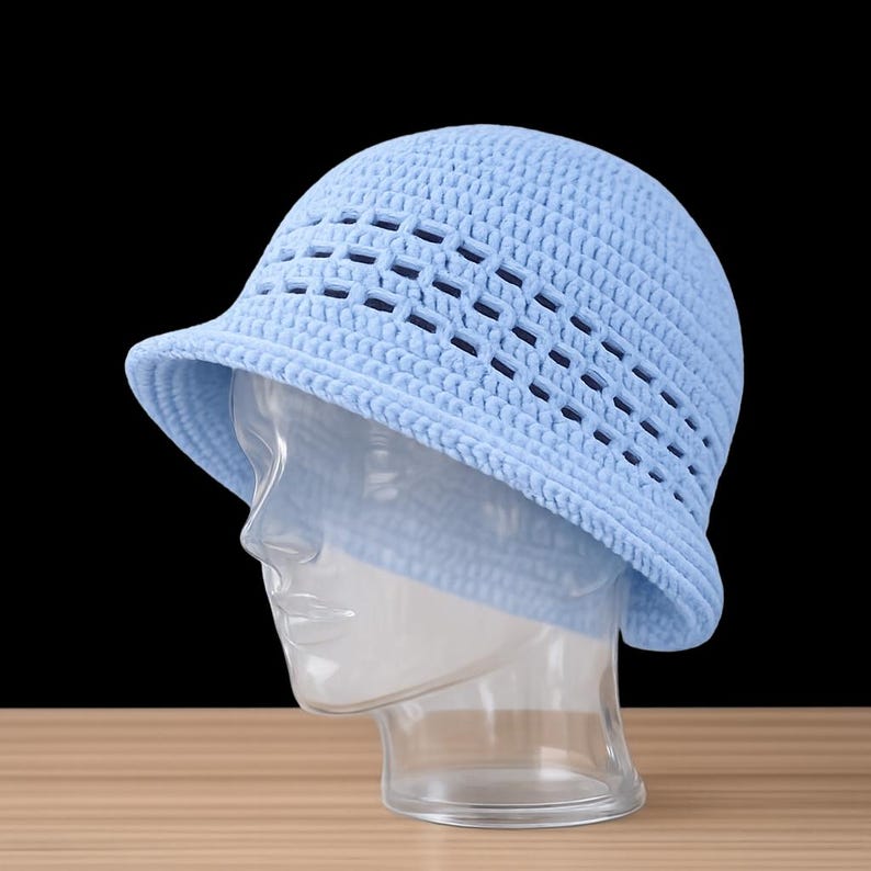 Sky Blue Crochet Bucket Hat Pattern PDF, Summer Cloche Hat, Openwork ...