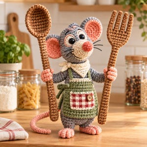 Könnte beinhalten: Eine gehäkelte graue Mausfigur mit einem cremefarbenen Halstuch und einer grünen Schürze mit einer rot-weiß karierten Tasche. Die Maus hat rosa Innenohren, eine rosa Nase und hält einen großen gehäkelten braunen Löffel und eine braune Gabel.