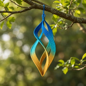 May include: A handmade, decorative hanging ornament with a woven, twisted design. The ornament is suspended from a tree branch. The color gradient transitions from blue to turquoise to yellow. The ornament is made of a soft, textured material.
