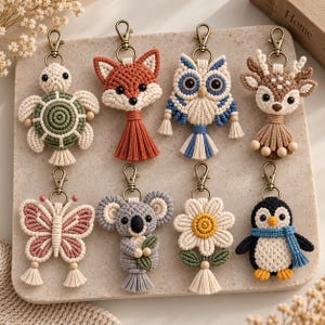 May include: A collection of eight macrame keychains featuring animal and floral designs including a turtle, fox, owl, deer, butterfly, koala, daisy, and penguin. Each piece is crafted with knotted cord, small wooden beads, and bronze-toned metal clasps.