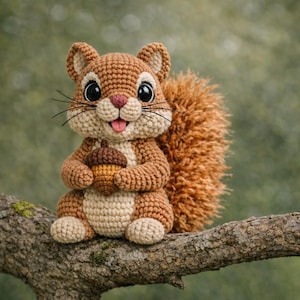 May include: A crocheted squirrel doll with a fluffy tail, holding an acorn. The squirrel has a light brown body, tan accents, and a pink nose. It sits on a tree branch against a blurred green background.
