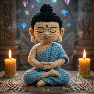 Könnte beinhalten: Gehäkelte Buddha-Figur in meditativer Pose, in einem blauen Gewand, sitzt auf einer Holzoberfläche. Zwei brennende Kerzen flankieren die Figur, mit Amethystkristallen darüber. Rauchschwaden tragen zur ruhigen Atmosphäre bei.