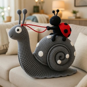 Puede incluir: Un caracol gris tejido con lunares blancos y una cuerda roja. Una mariquita negra con un caparazón rojo y negro está sentada sobre la espalda del caracol. El caracol tiene ojos grandes y antenas.