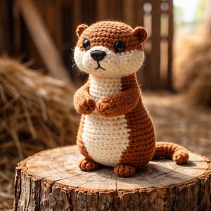 May include: A handmade crochet otter plush toy. The otter is brown and white with black eyes and a black nose. It is standing on a wooden stump. The background is a blurred view of a barn.
