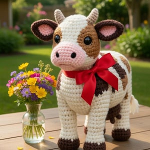 Schema PDF per realizzare una mucca realistica all'uncinetto, mucca amigurumi maculata, peluche di animale da fattoria, tutorial per realizzare un giocattolo a forma di mucca in piedi, regalo fai da te all'uncinetto