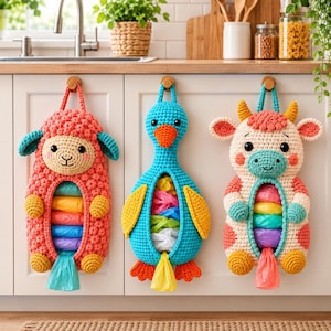 May include: Three crochet animal-shaped plastic bag dispensers hanging on white cabinet doors. The left is a pink sheep, the center is a blue duck, and the right is a cream-colored cow with pink spots. Each features a central opening for storage.