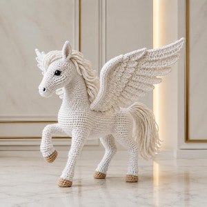 Puede incluir: Una figura de pegaso tejida a ganchillo en color blanco, con cuerpo de hilo texturizado, grandes alas emplumadas, crin fluida y cola larga. La criatura tiene ojos oscuros y cascos de color marrón claro, en una pose dinámica con una pata.