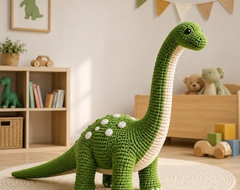 May include: A large, green, crocheted long-necked dinosaur plush toy with a cream-colored underside and white polka dots on its back. The stuffed animal features a textured yarn surface, a long neck, a thick tail, and four sturdy legs.