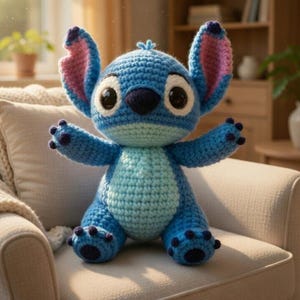 Puede incluir: Un peluche azul tejido a mano con grandes ojos negros, una nariz azul oscuro y orejas forradas de rosa. El juguete está sentado en un sillón beige. El peluche es un personaje de una popular película de animación.